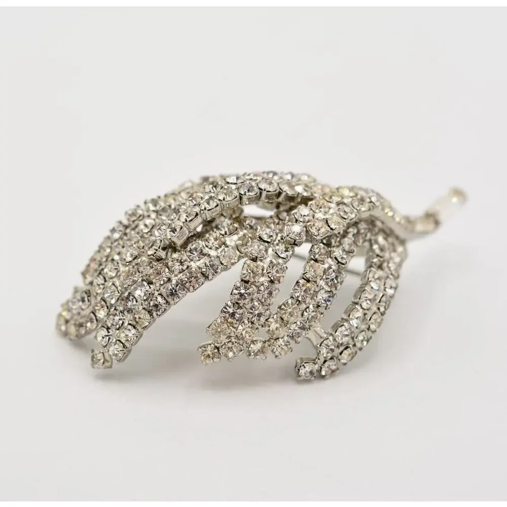 Vintage Crystal 3D Leaf Pin Brooch Baguette Prong Rhinestone Silver 1960s BinAL